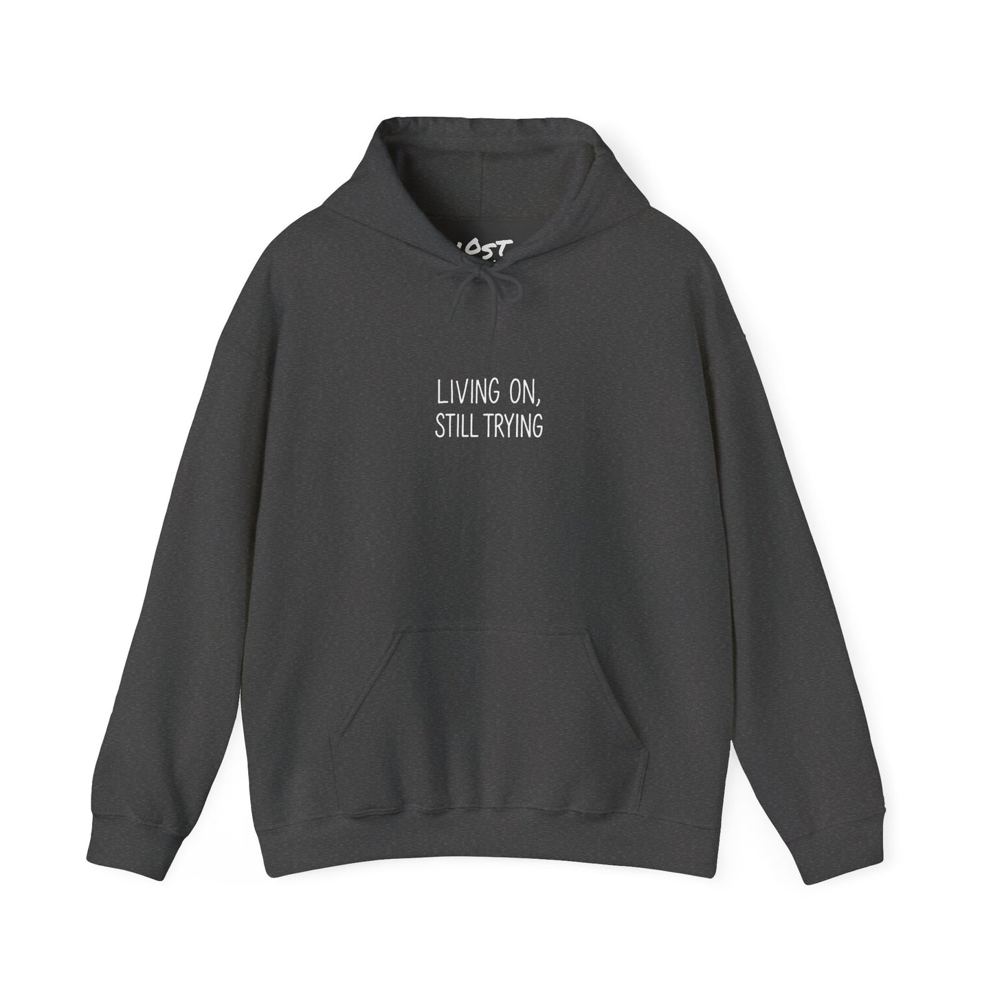 “Living On, Still Trying” Hoodie – Dark Heather