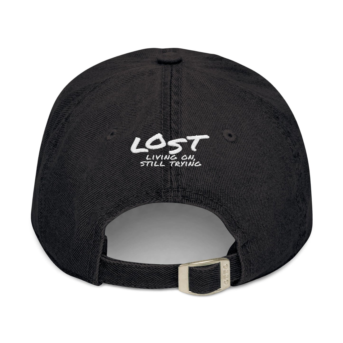 “LOST Living On, Still Trying” Embroidered Denim Hat – Black