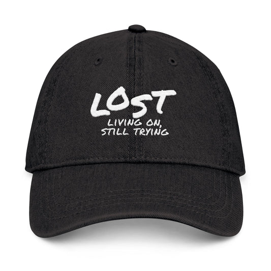“LOST Living On, Still Trying” Embroidered Denim Hat – Black